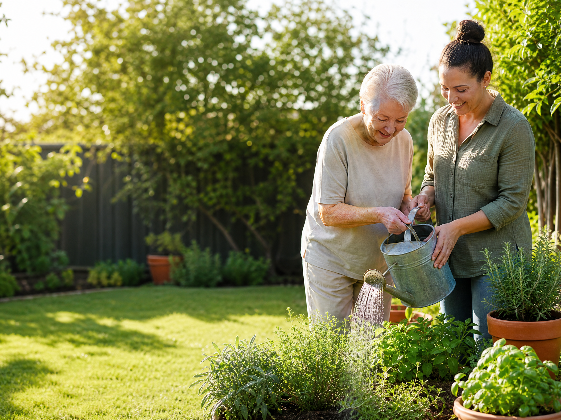 An older adult and support worker tending a sunny backyard herb garden together