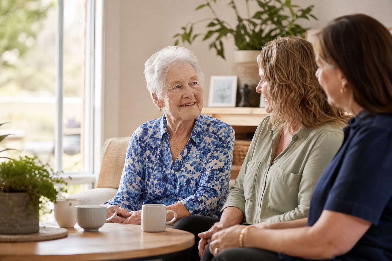 An older woman at home with a family member and support worker, talking together over tea