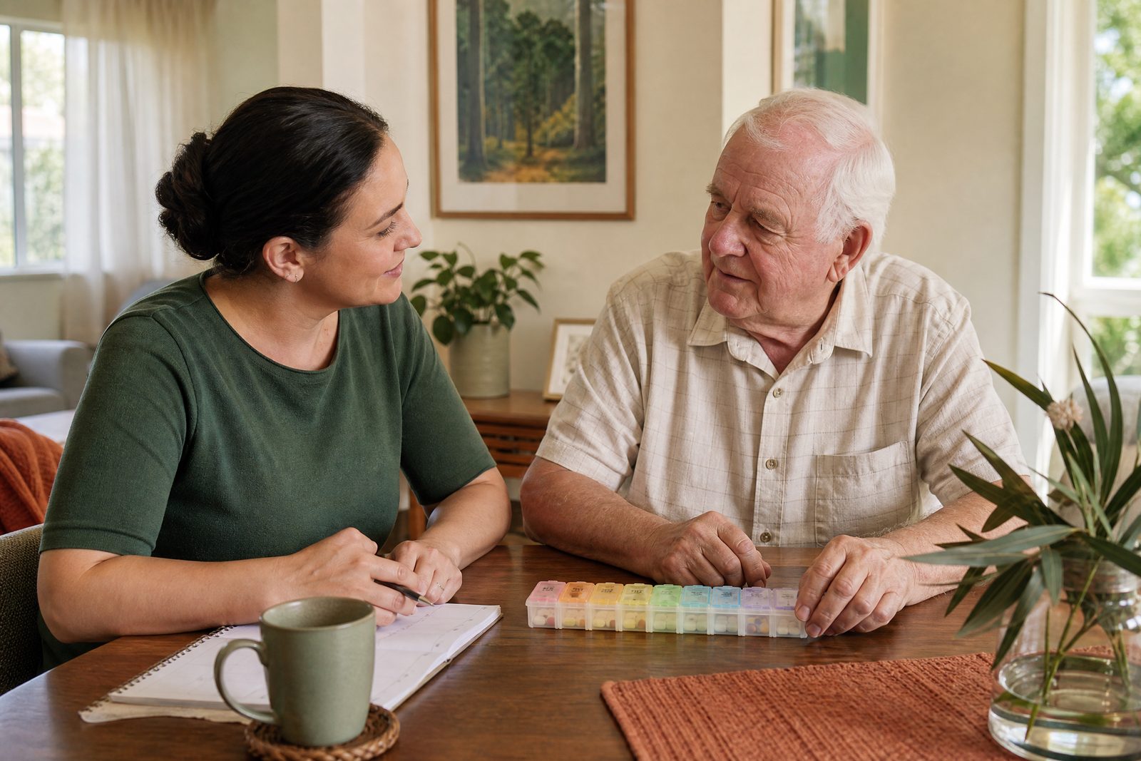 An older man and support worker discussing an established medication routine at home