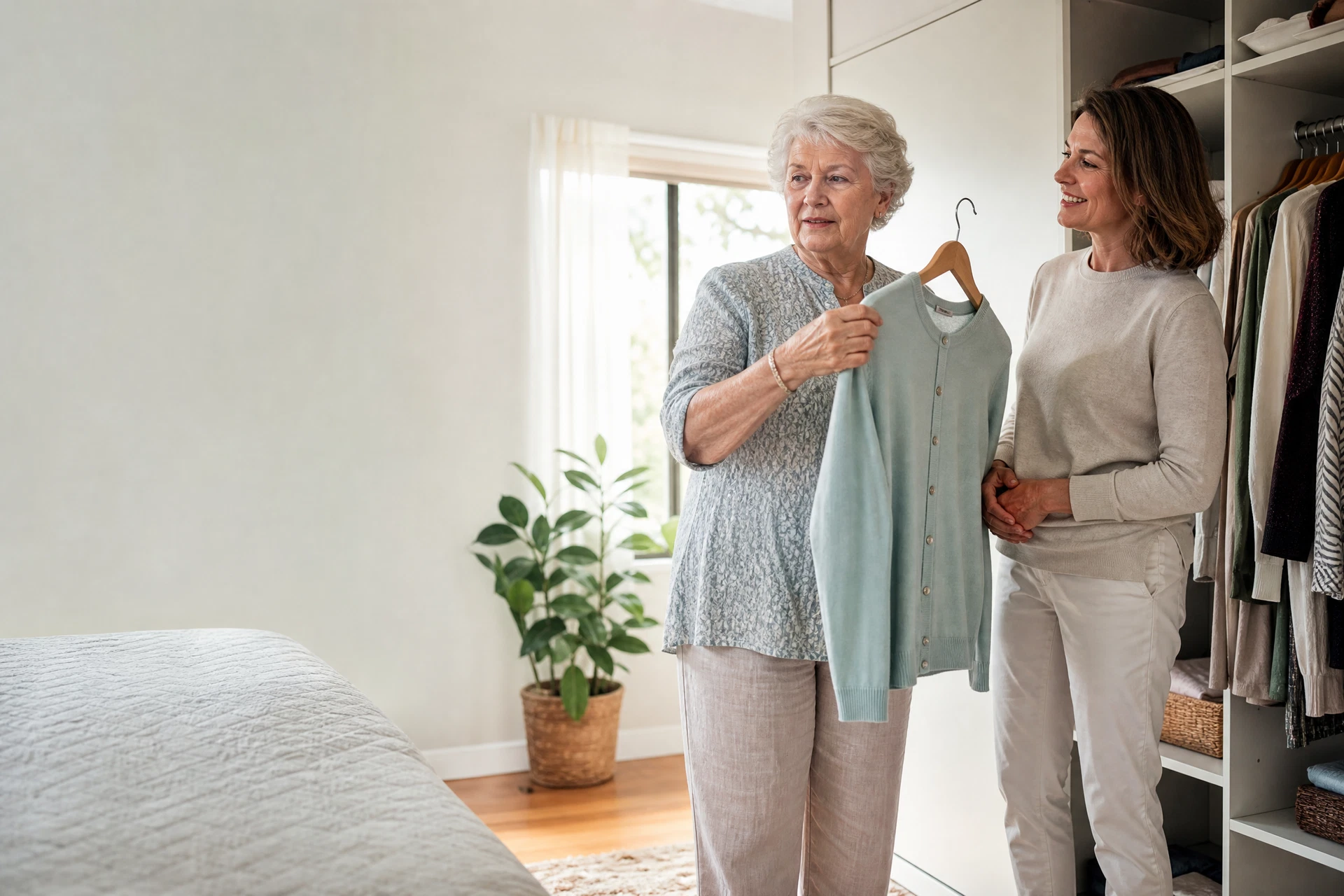 An older woman choosing clothing with respectful support from a care worker in a bright home