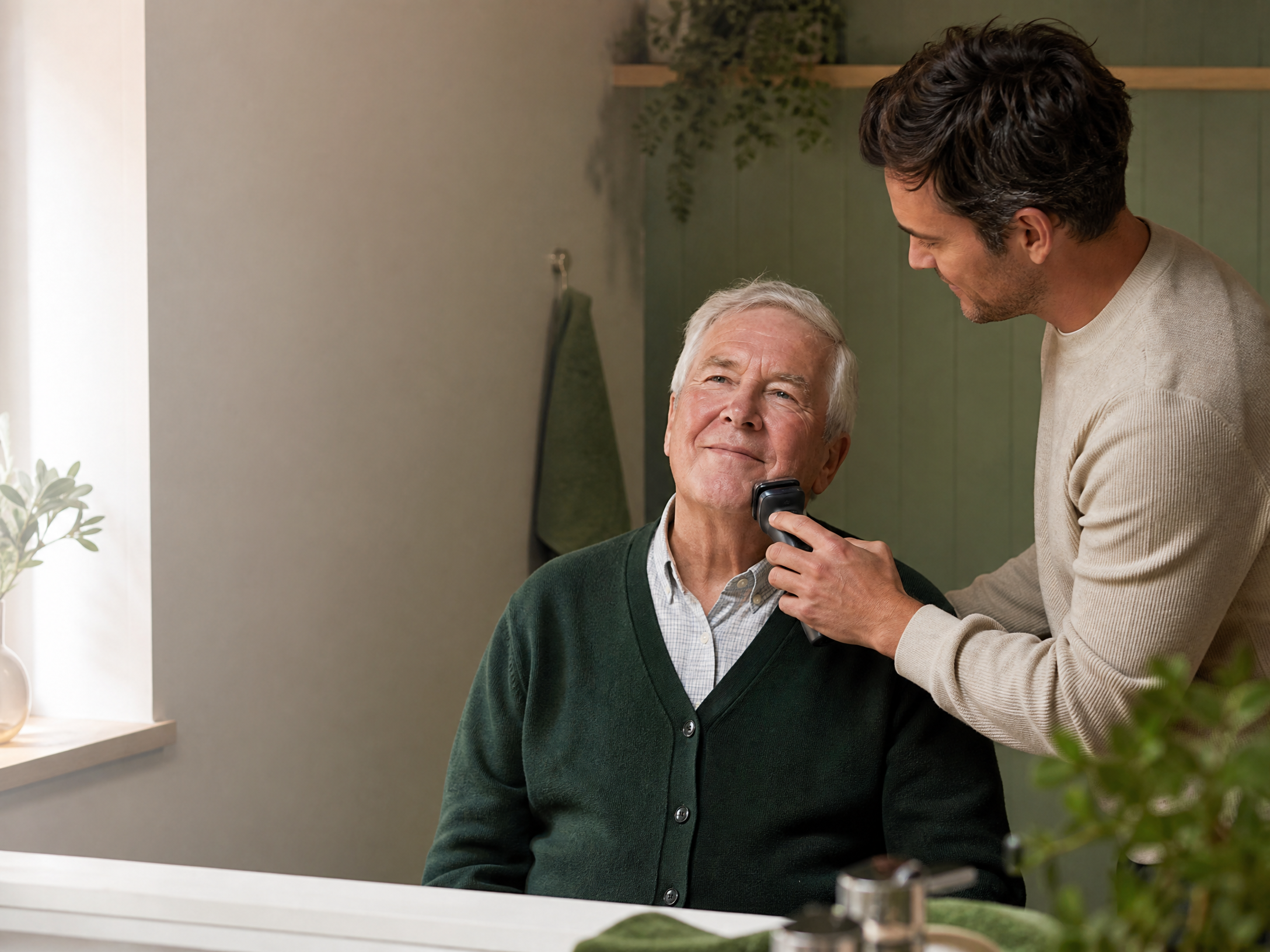 An older man receiving respectful assistance with grooming and shaving at home