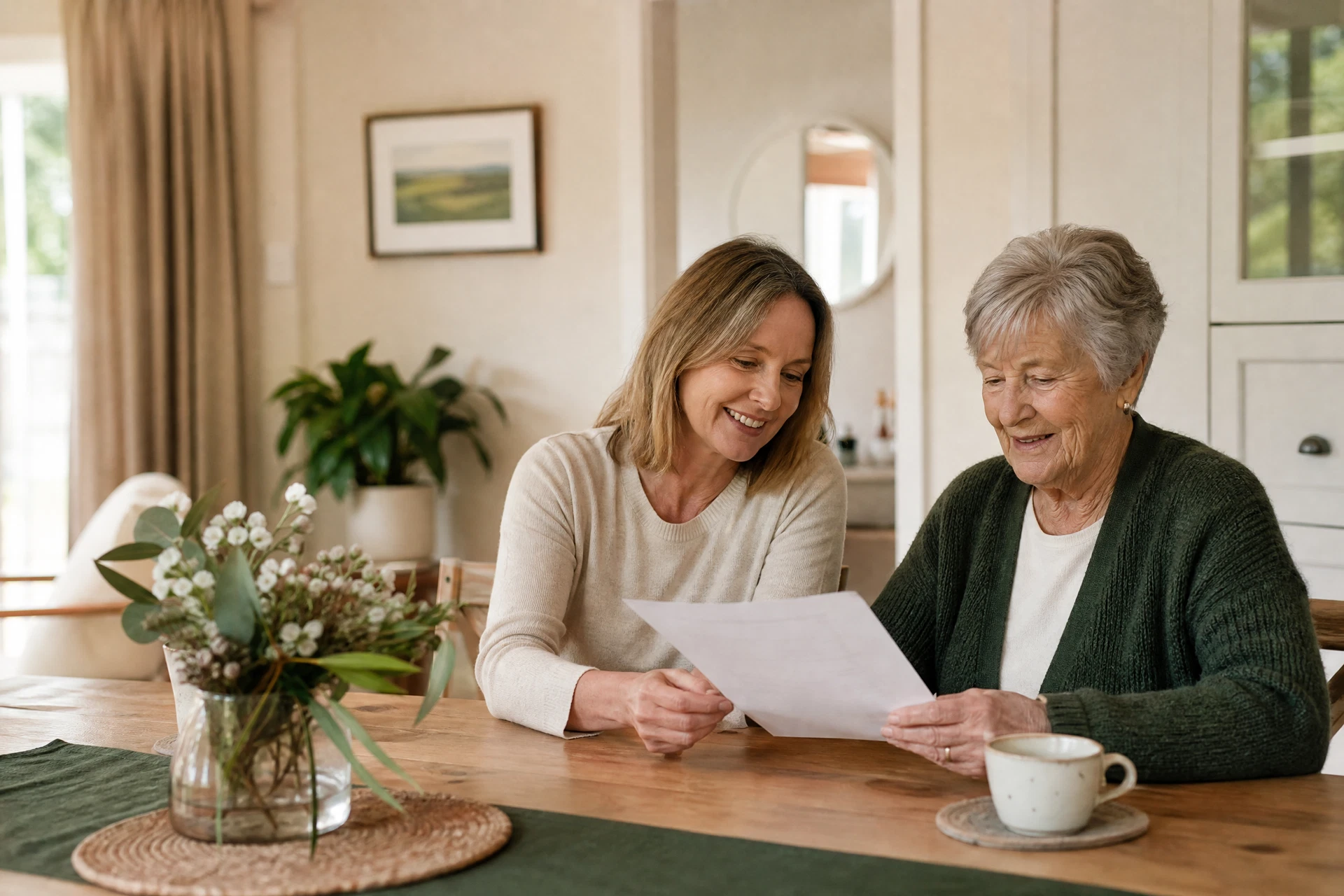 An older woman and a home-support worker discussing a plan together at home