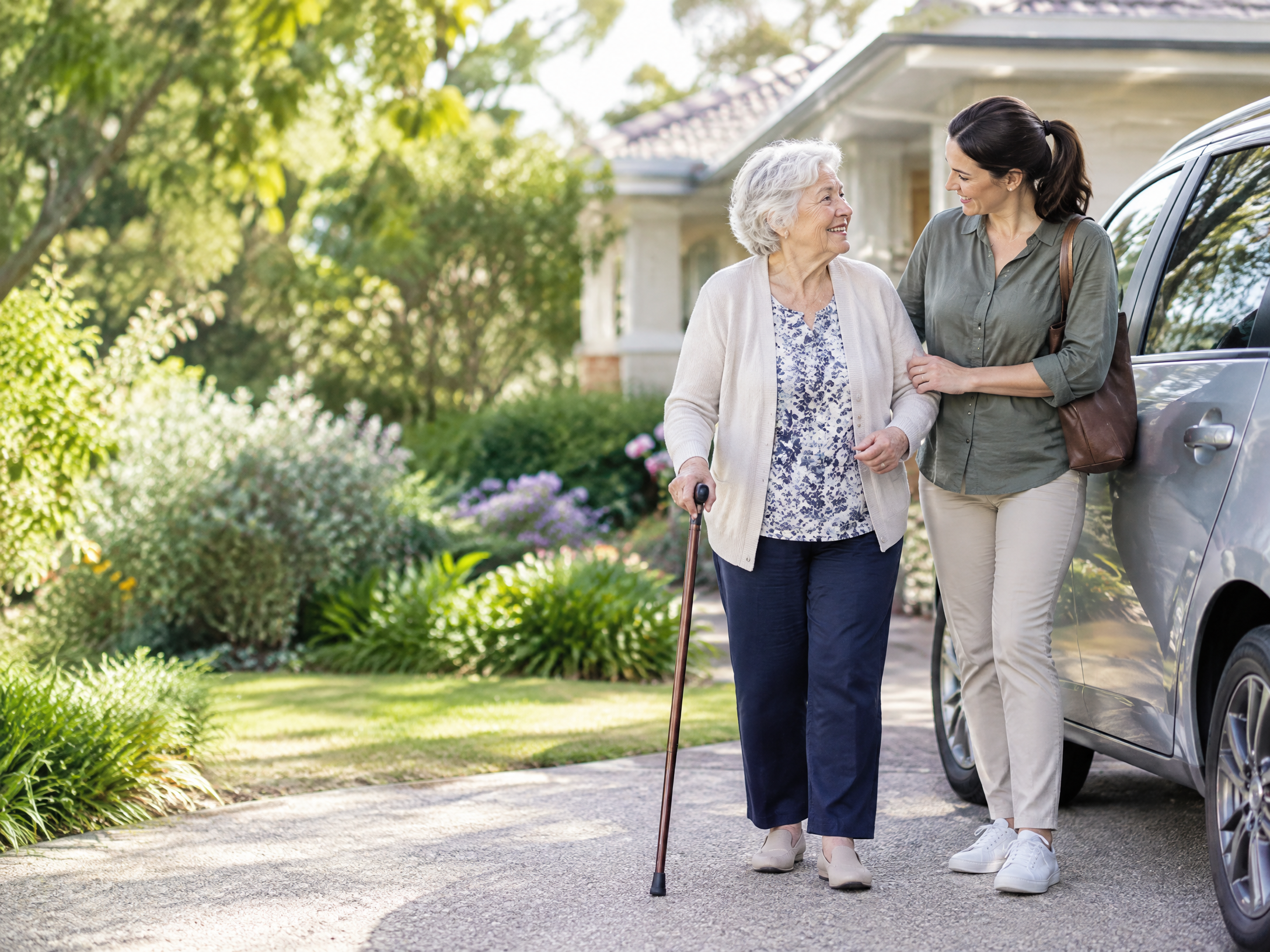 An older woman with a walking stick and a support worker beside an ordinary passenger car outside a home