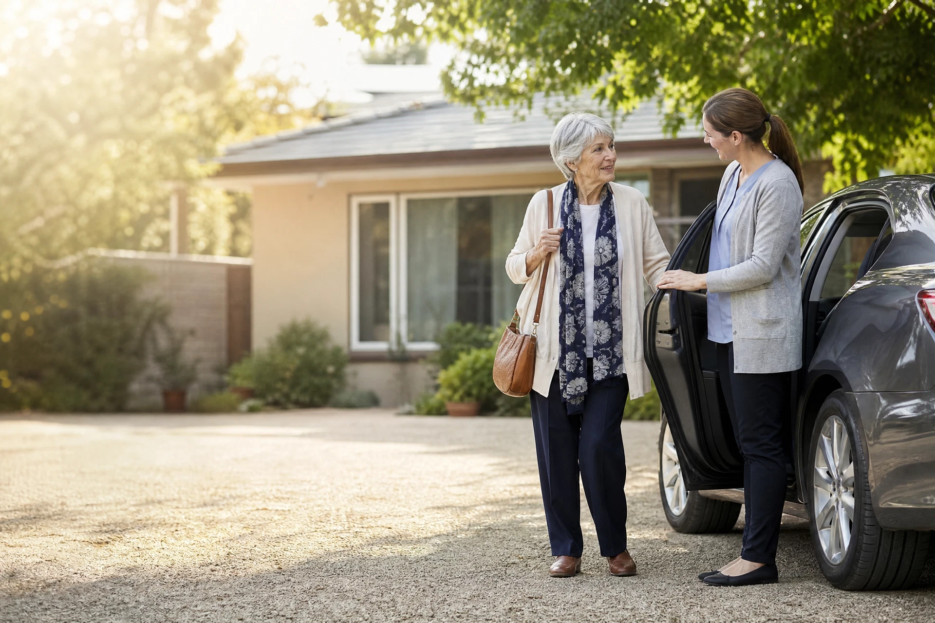 An older woman receiving respectful assistance beside an ordinary passenger vehicle outside her home